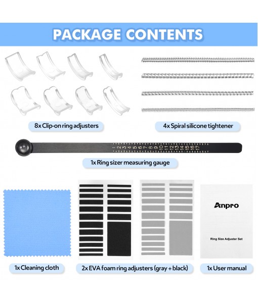 Anpro Ring Sizer Adjuster for Loose Rings - 52Pack Ring Size Adjusters Set,4 Style for Different Band Widths,8 Sizes Mandrel for Making Jewelry Guard, Spacer with Polishing Cloth,1-17 USA Rings Size