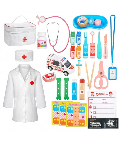 Doctor Kit for Kids, 34 Pieces Doctor Playset,Kids Dentist Kit ,Toddler Doctor kit, Medical Storage Bag & Real Stethoscope, Wooden Pretend Dentist Play Set Fun Role Playing Game for Kids