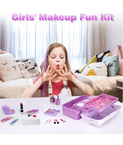 Anpro Kids Makeup Kit for Girl - 68PCS Safe & Washable Makeup for Girls,Play Real Makeup Girls Toys,Make Up for Little Girls,Non-Toxic Toddlers Pretend Cosmetic Kits for Children Age 3-12+ (Purple)