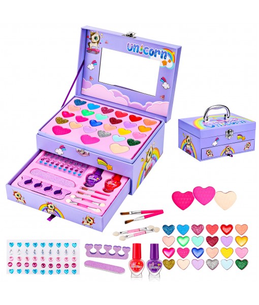 Girls Makeup Kit for Kids - Washable Makeup Kit for Little Girls,Fold Out Makeup Palette with Mirror, Make Up Toy Pretend Play Toys for Girls 4-6, 6-8, 8-10 - Non Toxic 36pcs