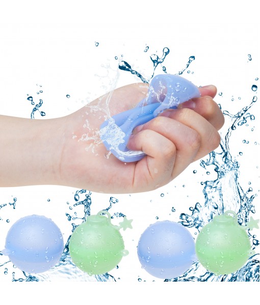 Anpro Reusable Water Balloons - Quick Fill Self Sealing Reusable Water Bomb Splash Balls, 4 Pack Refillable Silicone Splash Water Bomb Toys for Kids Adults Water Fight Game, Outside Summer Fun Party