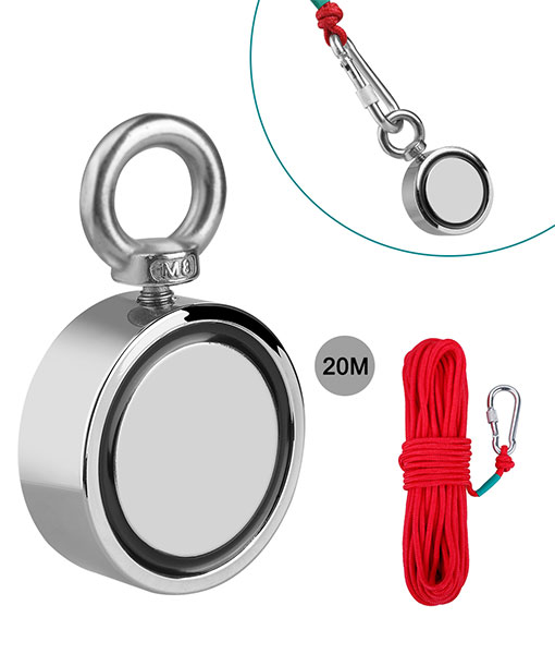 Anpro N52 double-sided powerful neodymium magnet fishing magnet 60mm diameter 22mm thickness traction 300KG 20M rope, used for fishing, salvage, rescue, river industry